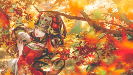 Kiyohime - autumn, mask, girl, frumusete, leaf, onmyouji, kiyohime, luminos, orange, anime, say hana, manga