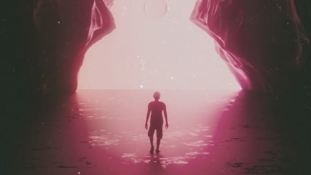 :-) - summer, cave, pink, water, silhouette, vfxfreek, fantasy, luminos, vara, man