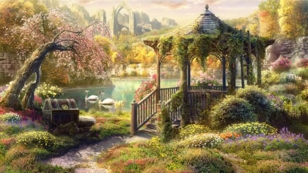 Gazebo - painting, landscape, ivy, garden, gazebo