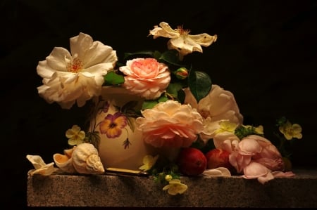 Still life - Vase, Table, Flowers, Shell, Roses