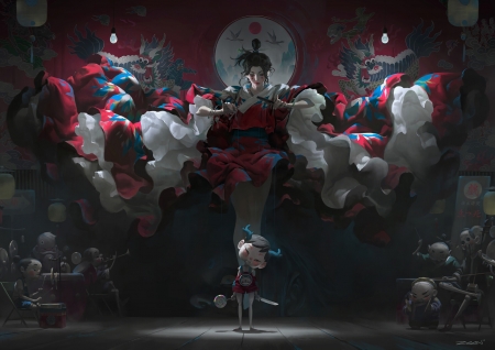 Life is like a movie - blue, horns, zeen chin, instruments, red, puppet, art, luminos, orchestra, girl, puppeteer, frumusete, black, fantasy, white, asian, demon