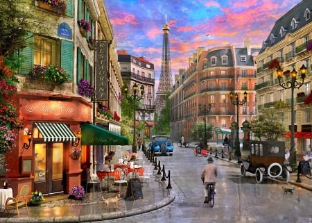 Parisian Street - cars, people, painting, artwork, houses, eiffel tower, restaurant