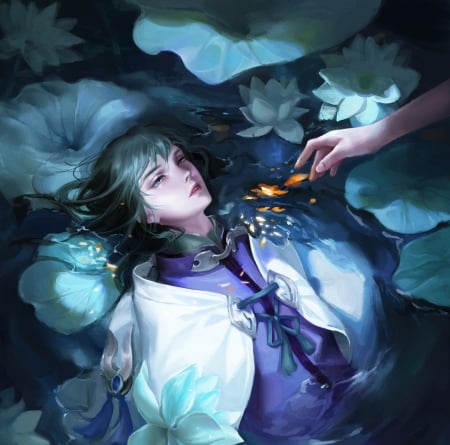 :-) - girl, wayer, fantasy, white, lotus, hand, luminos, blue, star academy, flower