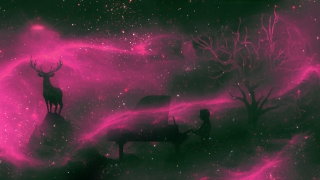 Nature's dream melody - denis grinin, pink, black, instrument, silhouette, albumforsoul, piano, deer, girl, fantasy, cerb, dream, luminos