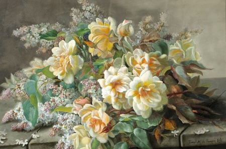 Lilacs and roses - pictura, yellow, painting, raul m de longpre, rose, lilac, flower, art