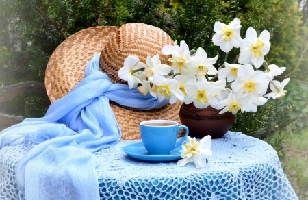 :-) - hat, daffodil, still life, spring, cup, painting, art, blue, pictura, flower