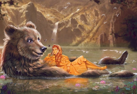 Golden girls - bear, fantasy, urs, water, kaloyan stoyanov, girl, golden, art