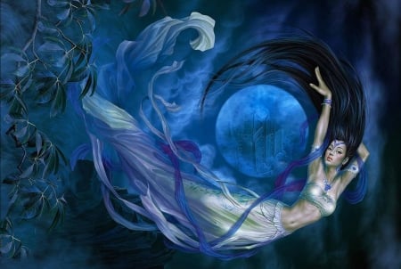 Night Goddess - wallpaper, digital, pretty, temple, girl, night, blue, art, fantasy, moon, woman