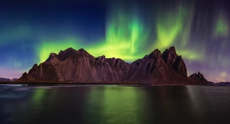 Northern lights - mountains, lake, evening, lights