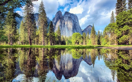 Merced River, Yosemite National Park - sky, mountains, water, clouds, reflections, trees