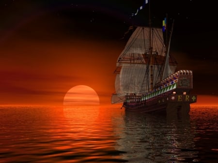 Sunset Harmony - water, ship, sailship, sea, art, sun