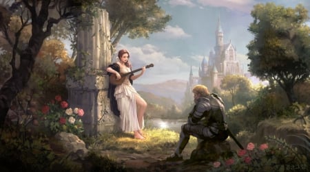 :-) - girl, man, knight, armor, fantasy, instrument, sanghyun kam, couple, art, castle, luminos