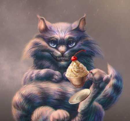 Cheshire Cat - cheshire cat, wonderland, cupcake, iana venge, cat, fantasy, fruit, pisici, cup