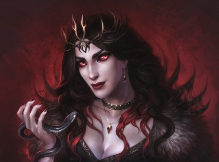 I've been waiting for you - girl, crown, fantasy, queen, snake, red, hand, lumnos, elesteyzis