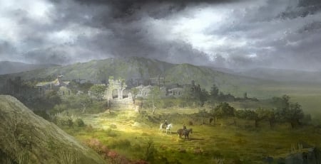 Ruins - art, horse, cloud, jang jae, luminos, fantasy, world, ruin