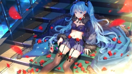 Epitome of Wildness - stairs, rose, wildness, petals, anime, rose petals, miku, cute, glass, pig tails, girl, blue eyes, long hair, tid, blue hair, hatsune, vocaloid, beautiful, sweet, smile