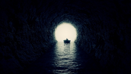 Cave - silhouette, vara, water, summer, black, mostafa albarbary, fantasy, luminos, man, cave, sea, boat