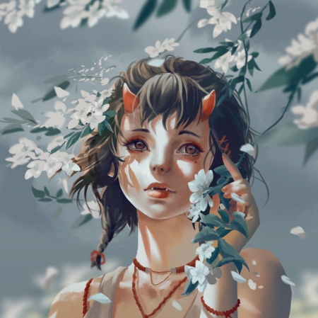 Flower demon - girl, spring, horns, face, art, windami, luminos, blossom, demon, flower