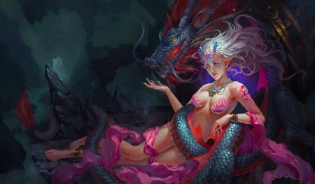 Dragon Woman - woman, art, girl, pretty, dragon, digital, wallpaper, fantasy