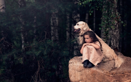 Little Girl - stones, girl, forest, dog