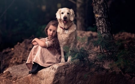 Little Girl - girl, dog, forest, stones