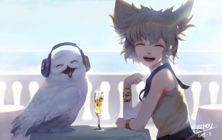 :-) - realistic, vara, girl, kezhou, frumusete, summer, bird, touhou, pasari, headphones, luminos, bufnita, anime, owl, sea