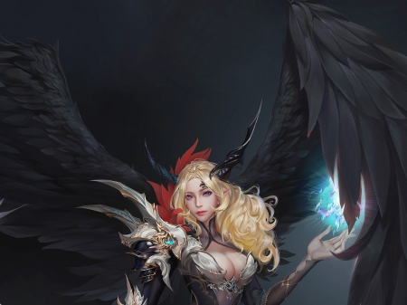 Demoness - weikang he goi2, angel, wings, frumusete, black, fantasy, horns, dark, luminos, demon, blonde