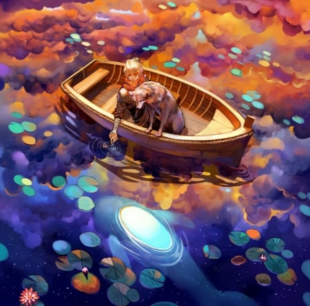 Wonder - summer, blue, wolf, boat, dog, caine, art, luminos, vara, aliya chen, view from the top, water, dolphin, girl, orange, fantasy, fish