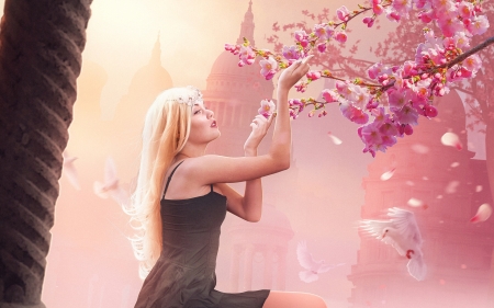 Spring - hosne qanadelo, dove, girl, frumusete, black, fantasy, spring, bird, cherry blossom, cherry blossm, pasari, pink, luminos, flower, dress, blonde