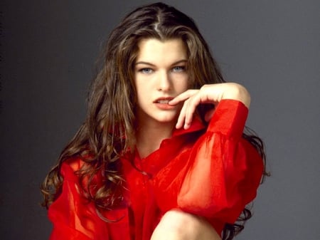 Milla Jovovich - actress, hot, shirt, hair, eyes, jovovich, wallpaper, model, milla jovovich, milla, closeup, red, beautiful, 2019