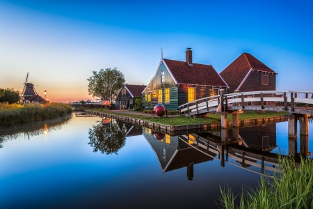 Evening Houses, Netherlands - reflections, river, water, tree, bridge