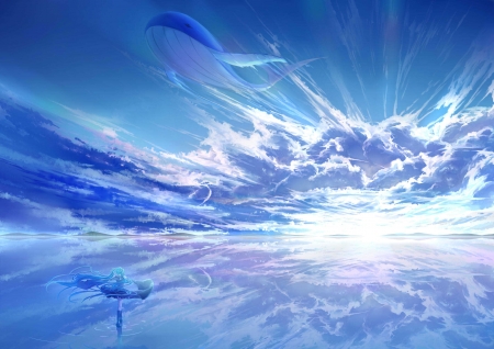 :-) - hatsune miku, sky, vara, girl, water, summer, white, cloud, reflection, blue, fish, anime, manga