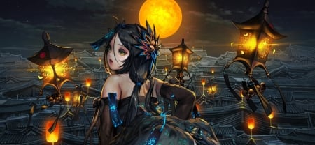 :-) - black, nightmadness, yellow, anime, girl, night, luna, manga, lantern, fantasy, light, golden, moon, kimono, luminos