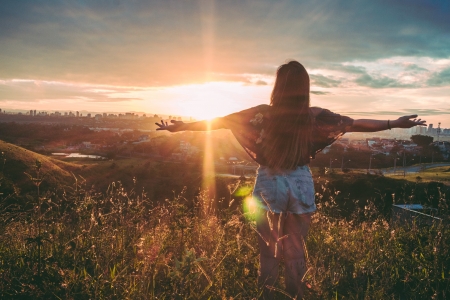 The Light - sky, clouds, light, girl, nature, sun, grass