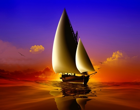 Sailing ship - Clouds, 3d, Ship, Sky, Birds