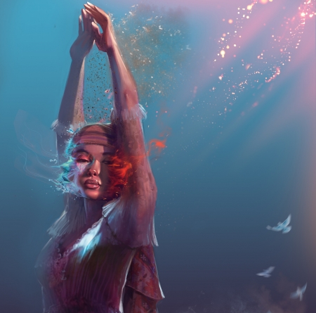 The Four Elemenrs - water, dancer, blue, girl, fantasy, kaloyan stoyanov, red, art, luminos