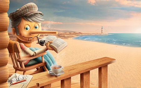 Pinocchio - pinocchio, summer, blue, beach, sea, sand, fantasy, funny, vara, luminos