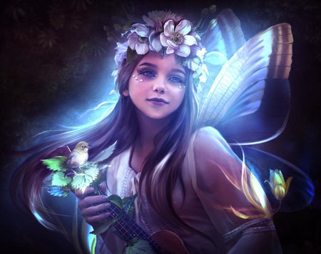 Fairy - elf, girl, music, wreath, fantasy, bird, elenadudina, luminos, blue, elena dudina, magnolia, fairy, flower