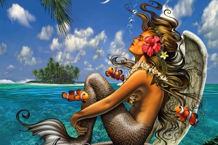 Mermaid Angel - woman, art, pretty, girl, mermaid, digital, wallpaper, fantasy