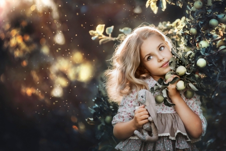 Little Girl - apple tree, bokeh, branches, summer