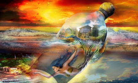 Mermaid in a Bottle - sky, mermaid, magical, colorful, water, bottle, fantasy