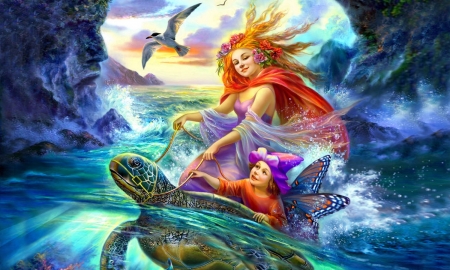 Sea Fairies - seagulls, cove, magical, colorful, fantasy, turtle, fairies, sea, dreamy