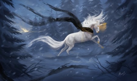 Unicorn - white, fantasy, luminos, blue, unicorn, art