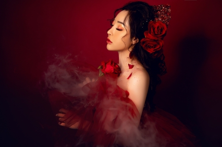 Beauty - frumusete, woman, red, model, girl, rose, flower, asian