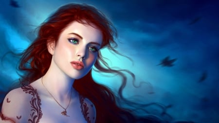 Beauty - pendant, redhead, girl, frumusete, jewel, fantasy, helgahertz, face, luminos, blue