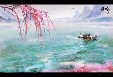 River - girl, water, asian, fantasy, spring, art, ivan, pink, luminos, blue, river, blossom, flower, boat