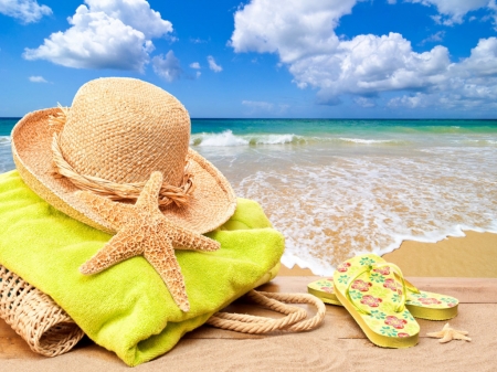 Starfish by the beach - beach, bag, straw, hat