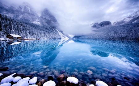 Winter landscape - Mountains, Trees, Canada, Stones, Fog, House