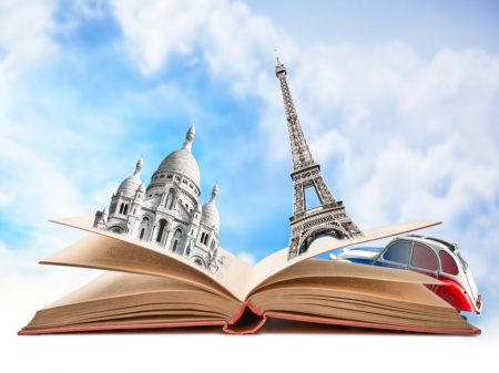 Book with monuments of Paris - open book, car, architecture, dream, fantasy