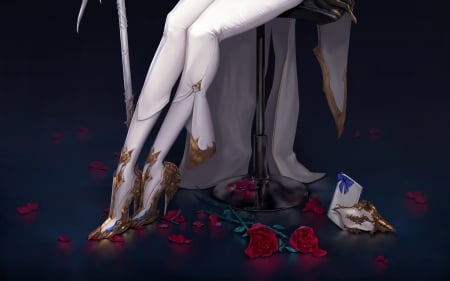 :-) - legs, girl, flower, shoes, fantasy, white, mask, red, yong jun park, rose, golden